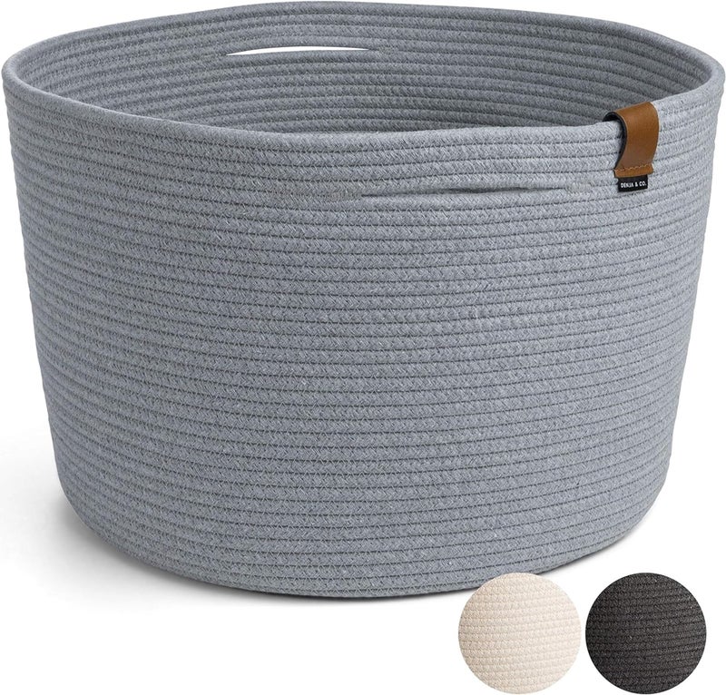 DENJA & CO Extra Large Woven Basket for Storage | Organize Pillows, Toys, and Laundry | Cotton Rope Storage Basket for Blankets, Towels and Nursery Storage | Light Gray (21 inches x 13.8 inches) - Image 1